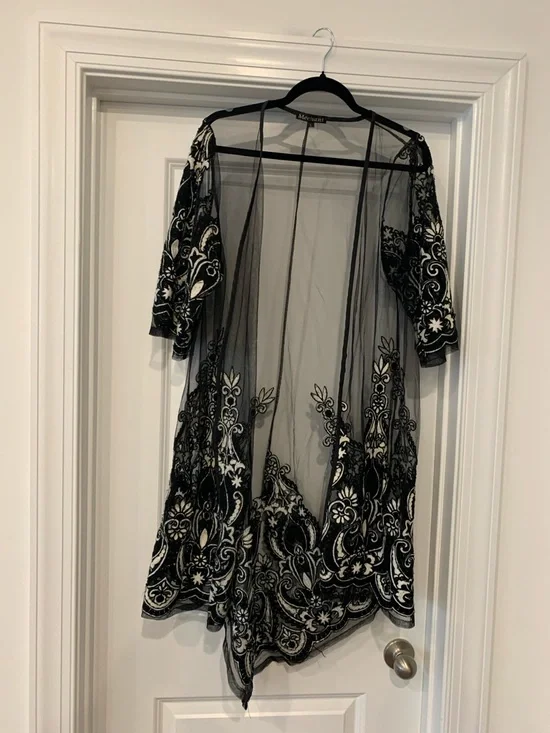 Mechant Sheer Black Mesh kimono duster embroidered L. Vintage - Picture 1 of 10